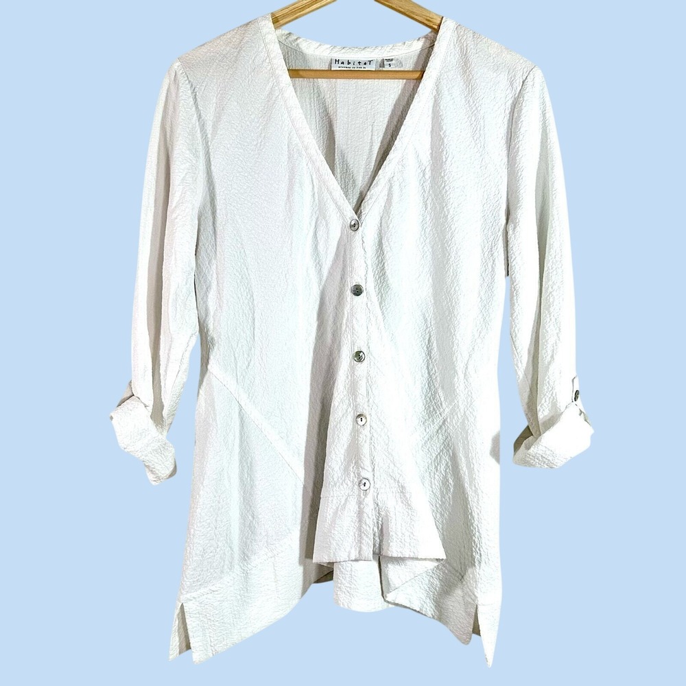 Habitat White Crinkle Button Down Cardigan V-Neck Roll Tab Sleeve Tunic Womens S